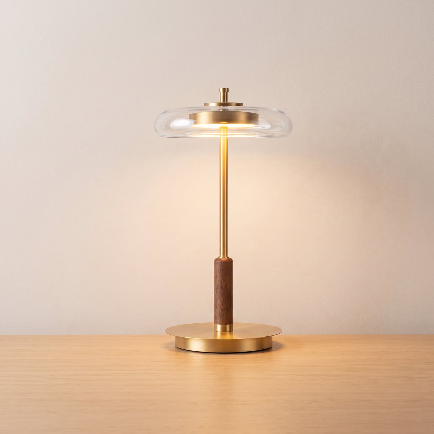 Quill table lamp lit on light oak