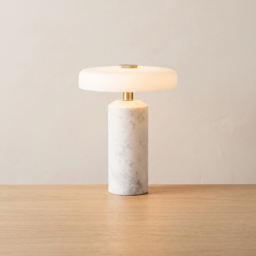 Slate table lamp lit on light oak