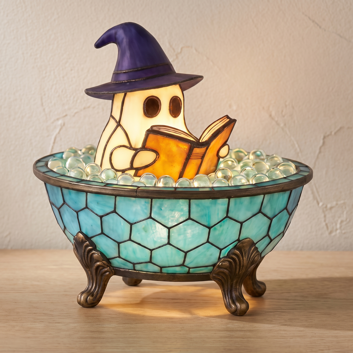 Spooky table lamp lit on light oak