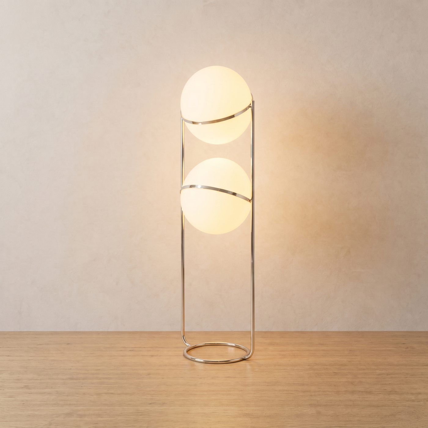Tandem floor lamp lit on light oak