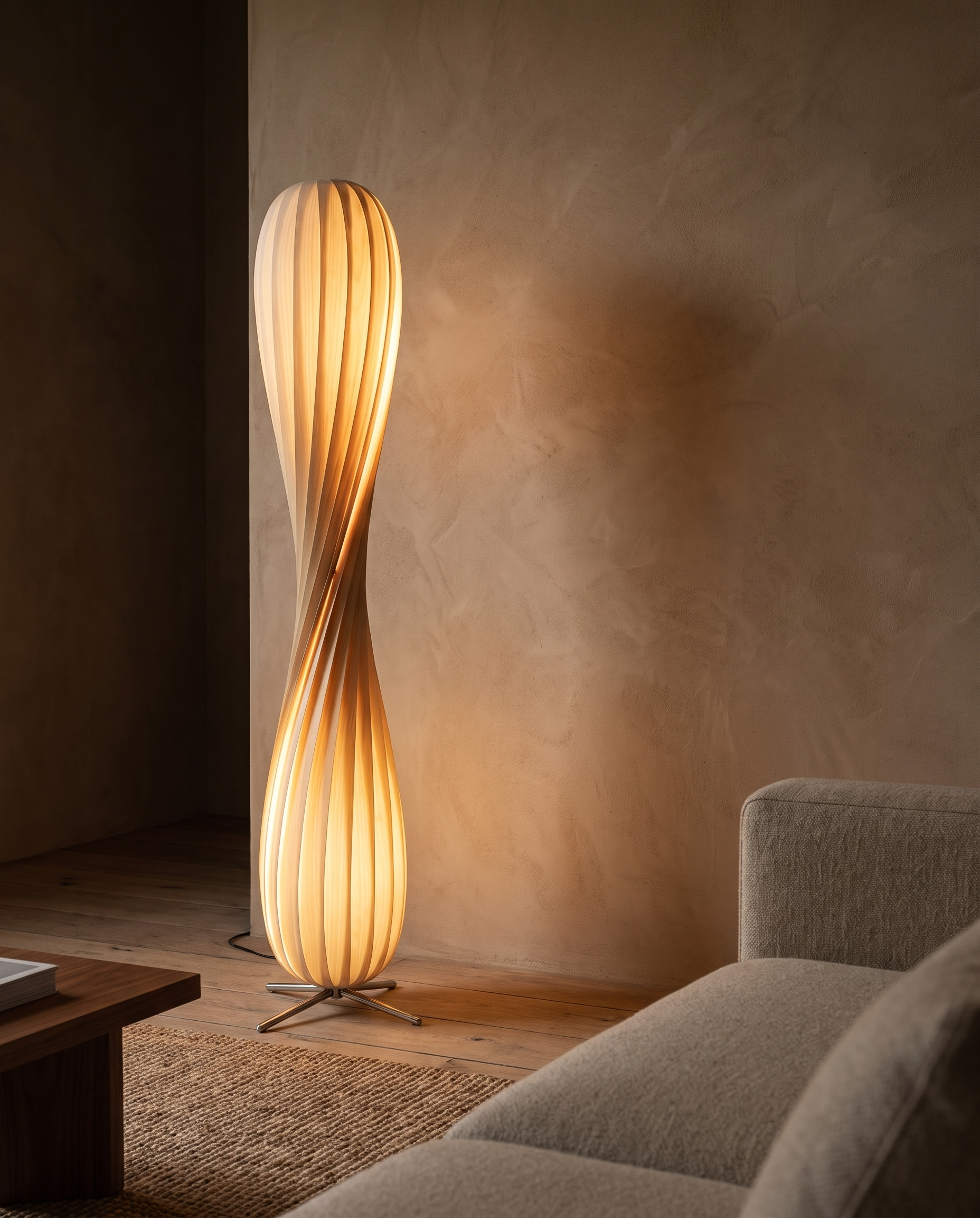 Aven floor lamp lit in a dark evening living room