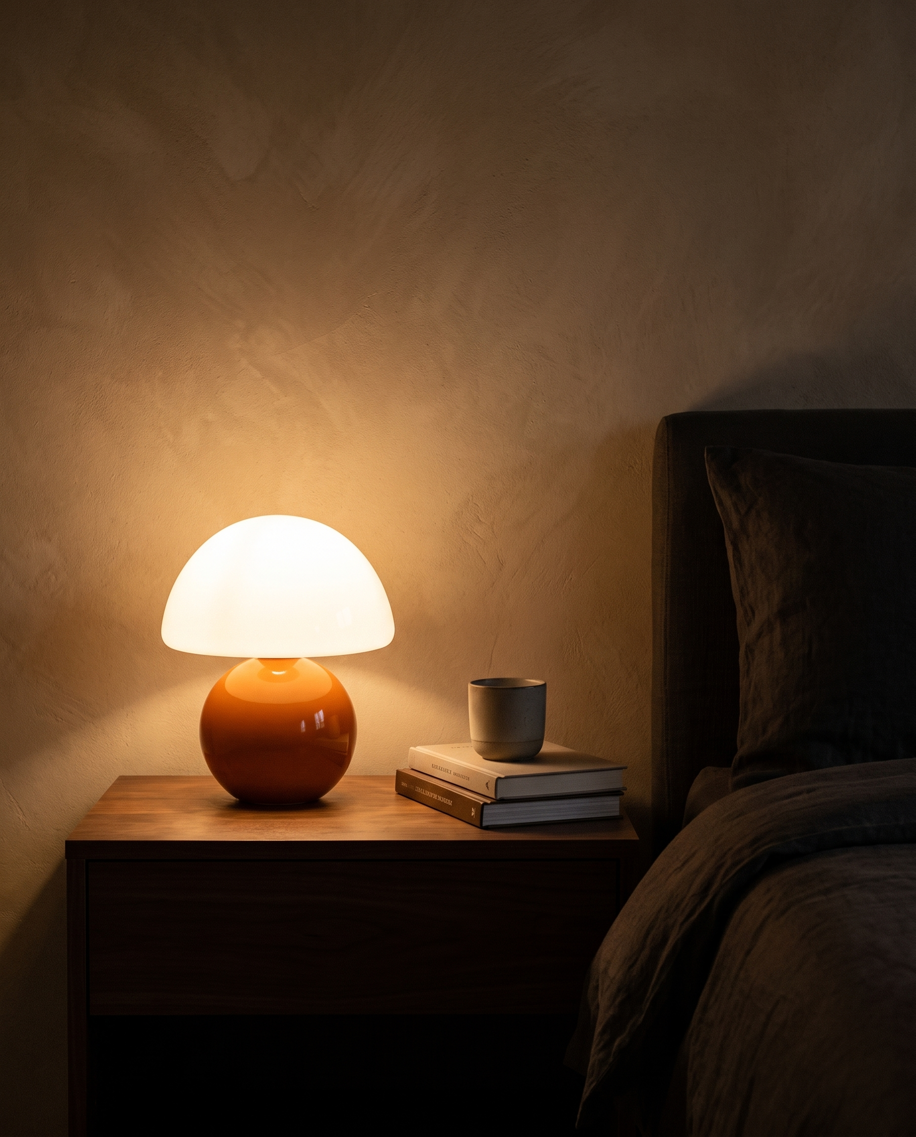 Acorn table lamp lit on a walnut console