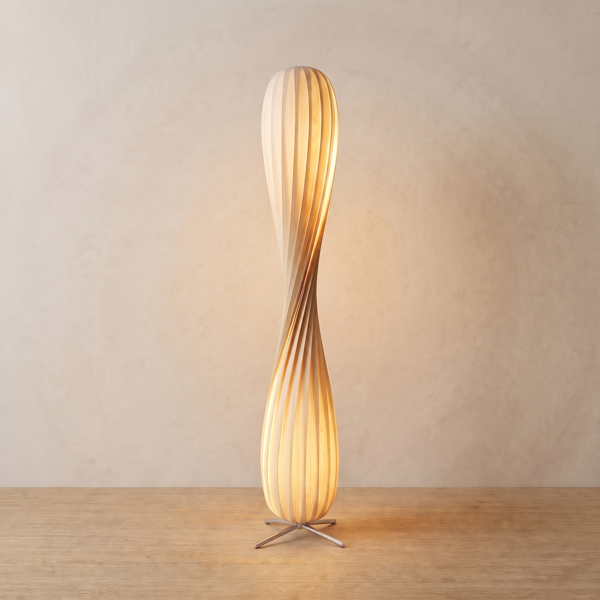 Spindle floor lamp lit on light oak