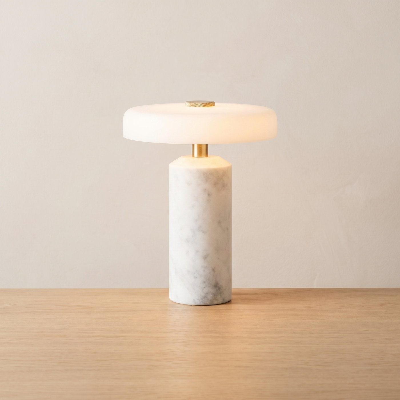 Slate table lamp lit on light oak