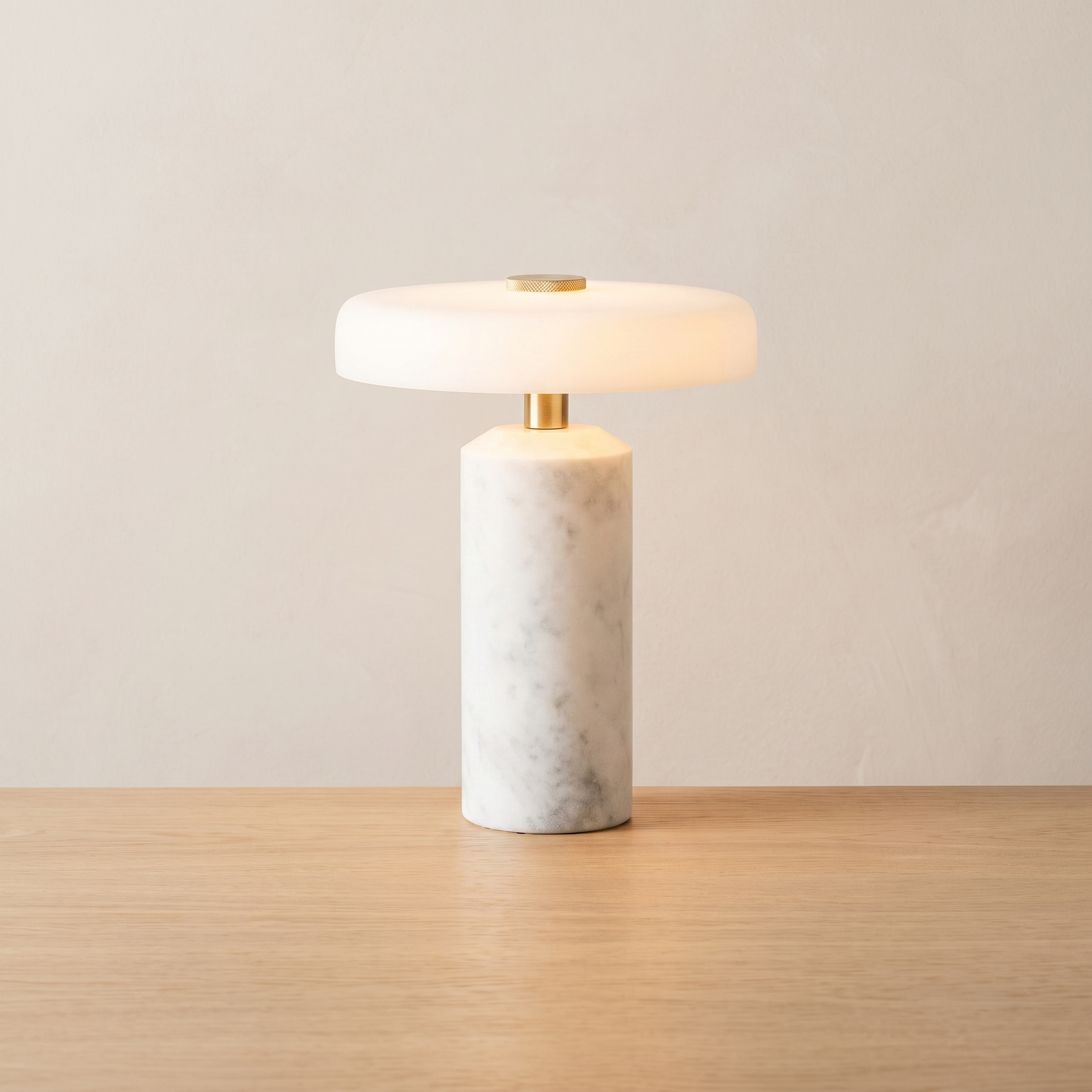 Slate table lamp lit on light oak