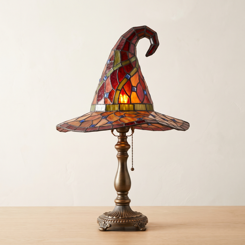 Hollow table lamp lit on light oak
