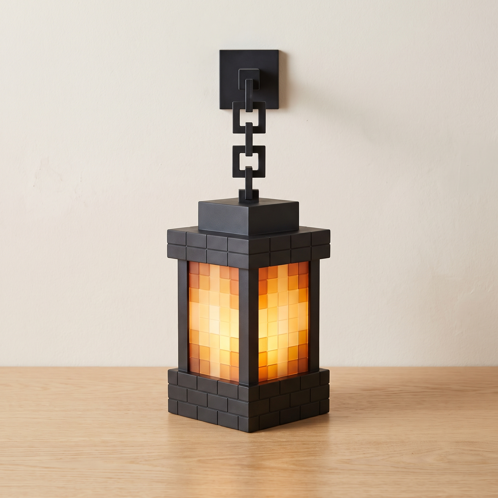 Pixel table lamp lit on light oak