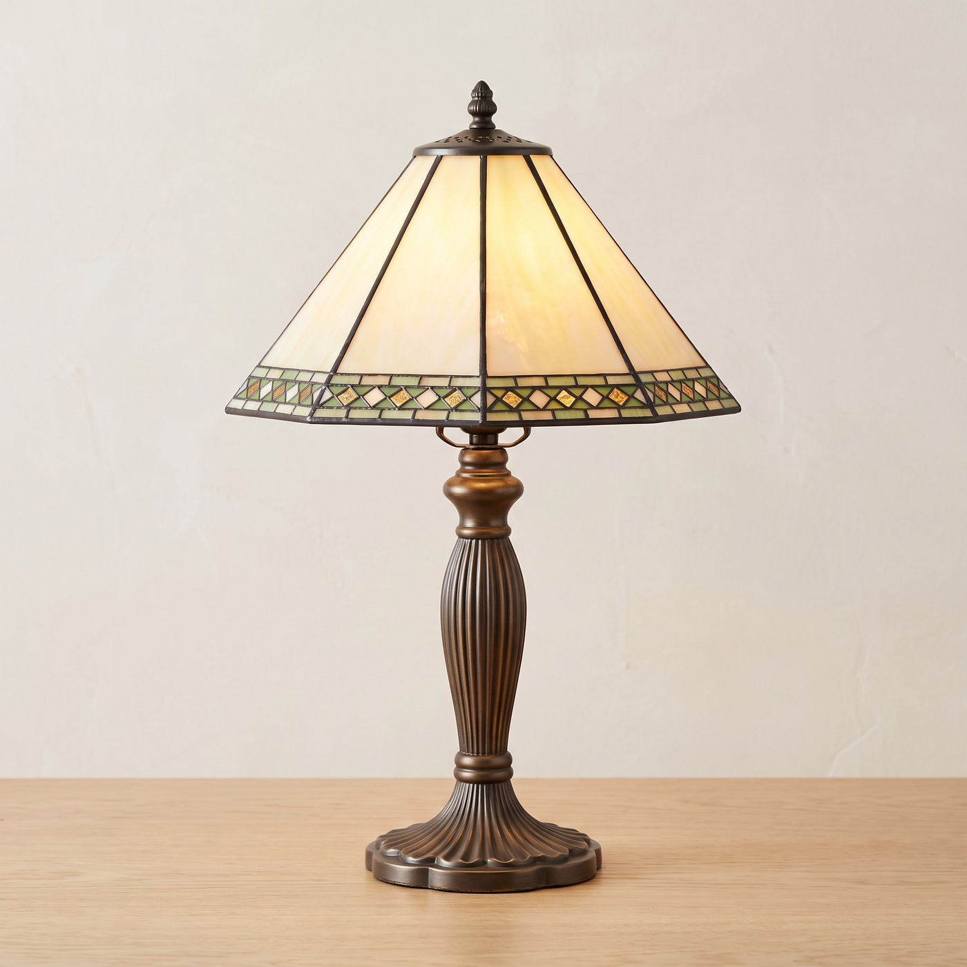 Verona table lamp lit on light oak